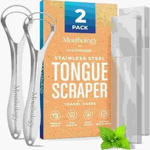 Stainless Steel Tongue Scraper 2-Pack with Travel Cases - Silver